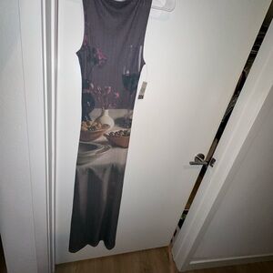 ASOS Sheer Maxi Dress in Dark Gray with Subtle Brown and Pink Accents